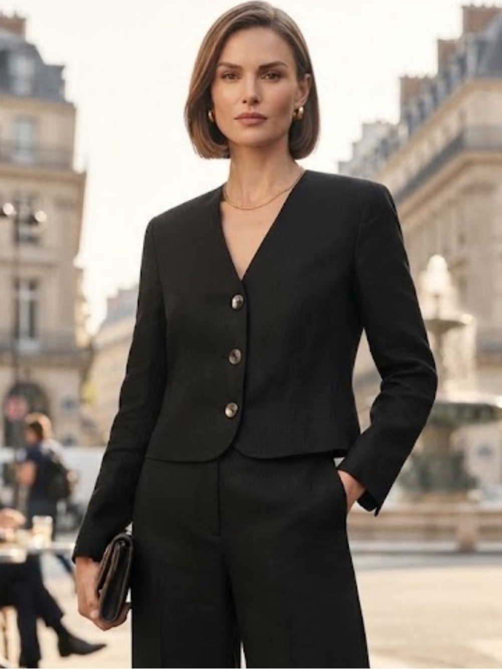 Vintage Saks Fifth Avenue Black Woven 100% Linen Cropped V Neck Blazer Jacket